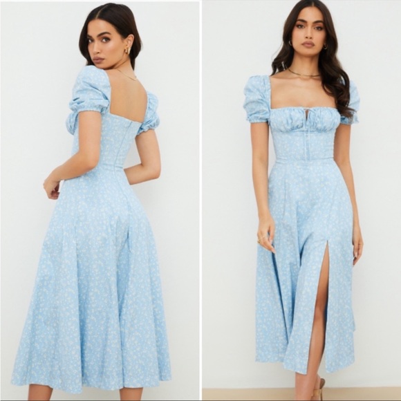 House of CB ‘Tallulah’ Blue Ivory Puff Sleeve Midi Dress NWOT - Picture 5 of 12